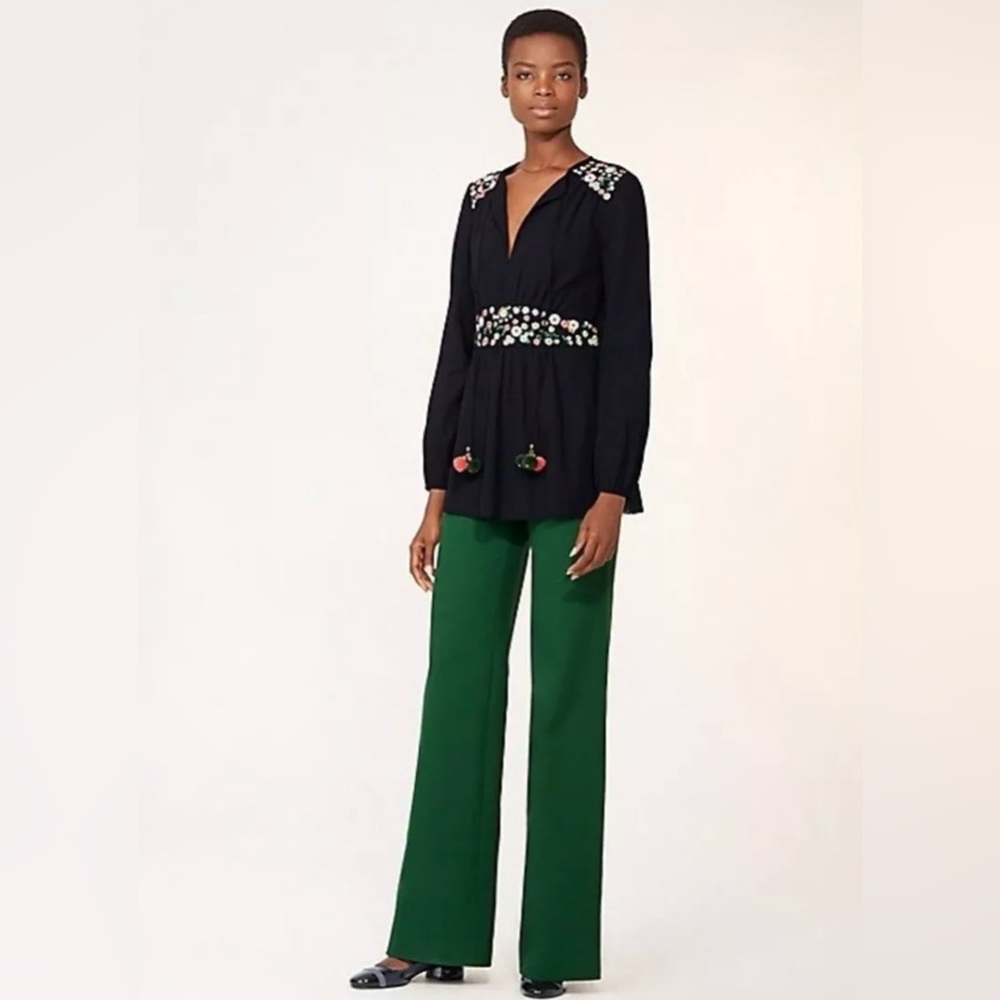 Tory Burch FLEUR TUNIC Top Embroidered Pom Pom Trim Size 2
